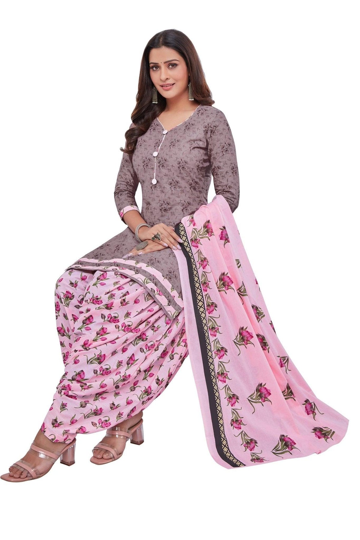 Dusty Grey Top with Baby Pink Bottom and Dupatta. - Bavis Clothing Main image