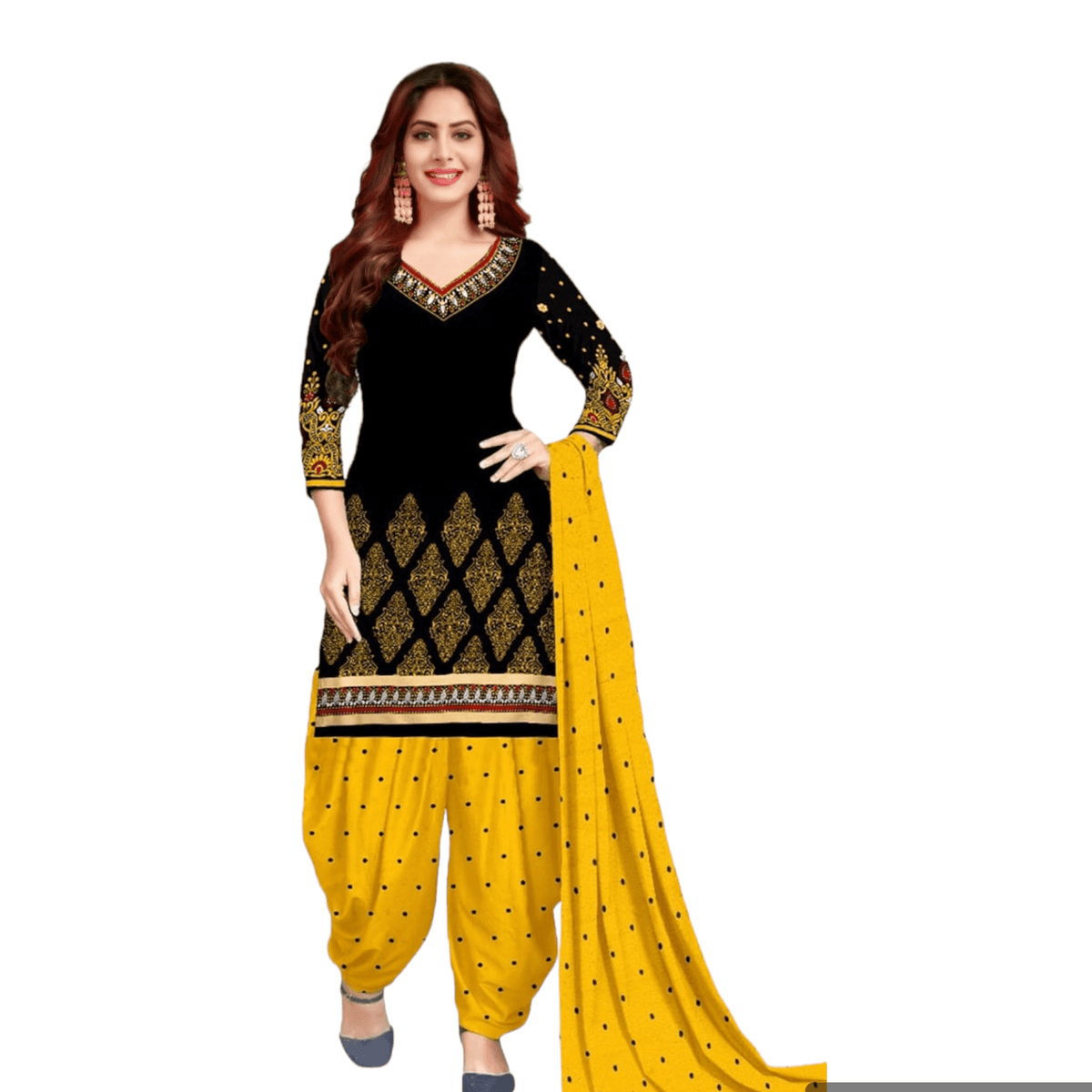 Elegance Black Top and Yellow Patiala Pant Unstitched Salwar Kameez with Dupatta - Bavis Clothing Main image