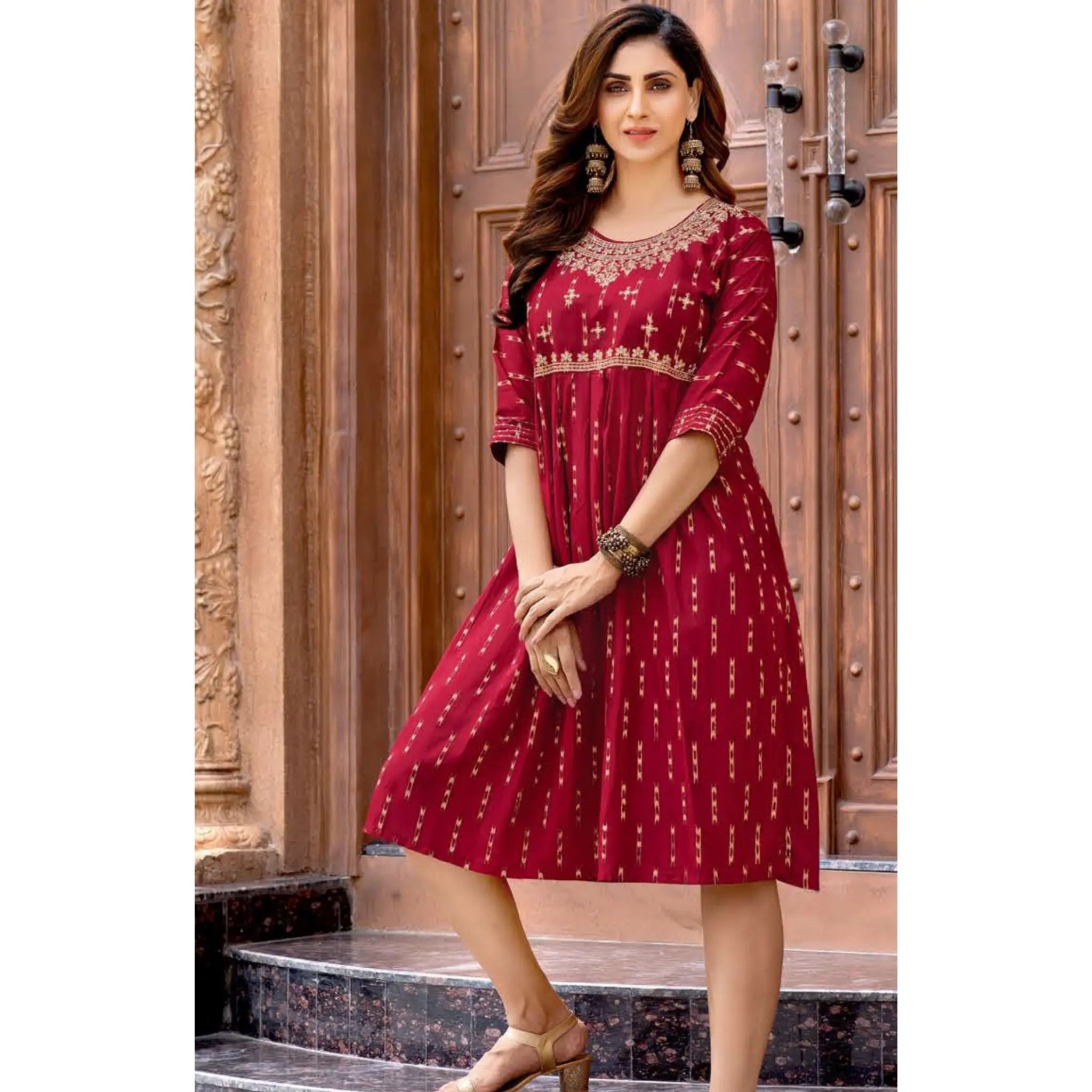 Fancy Rayon Kurti with Sequence Work  in Pink Red
