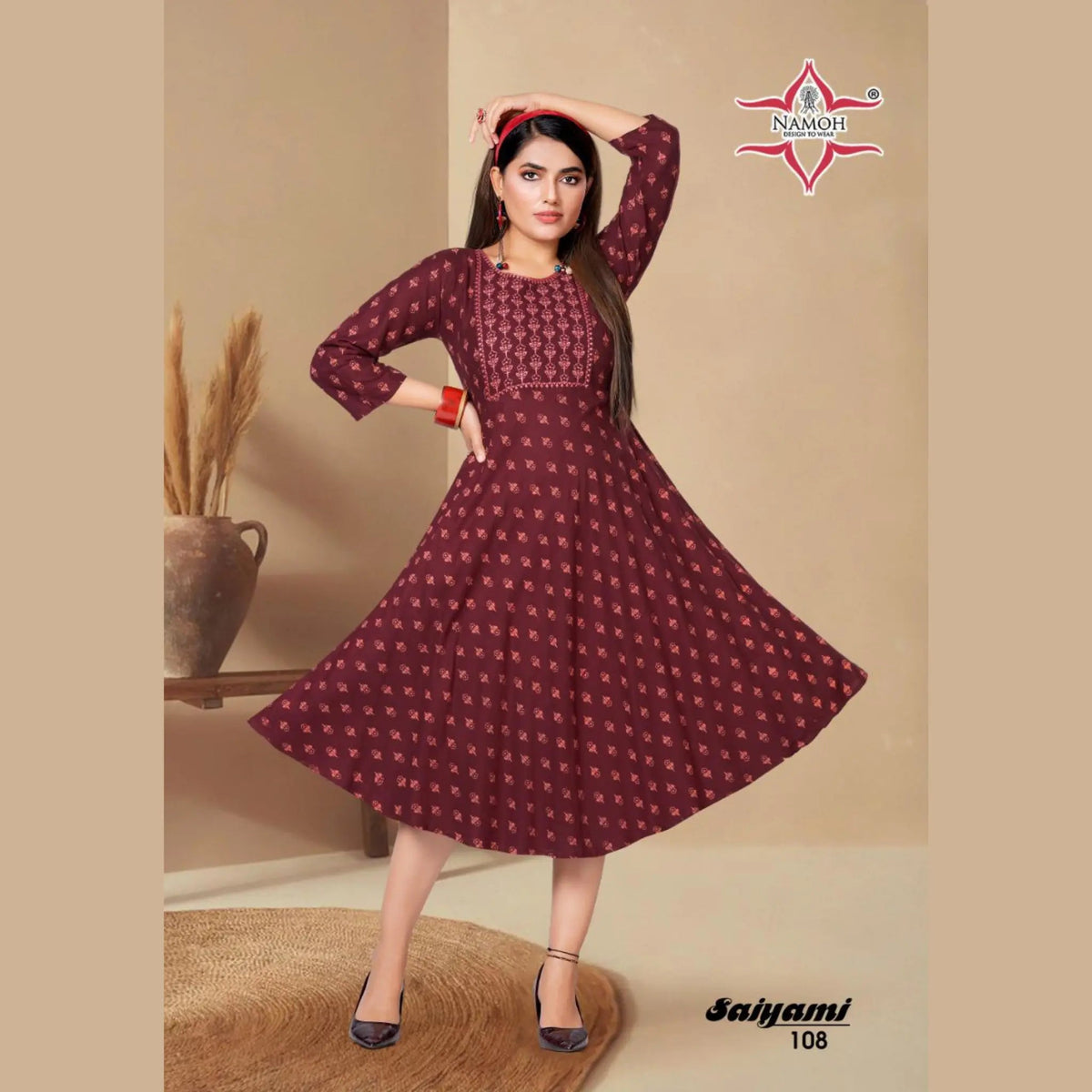 Fancy Rayon Print Kurti with Embroidery in Wine