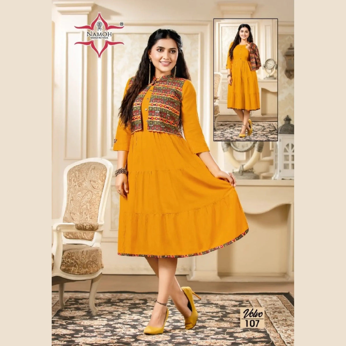 Fancy Rayon U Neck Dark Orange Umbrella Kurti with Rosy Brown Printed Jacket Main image