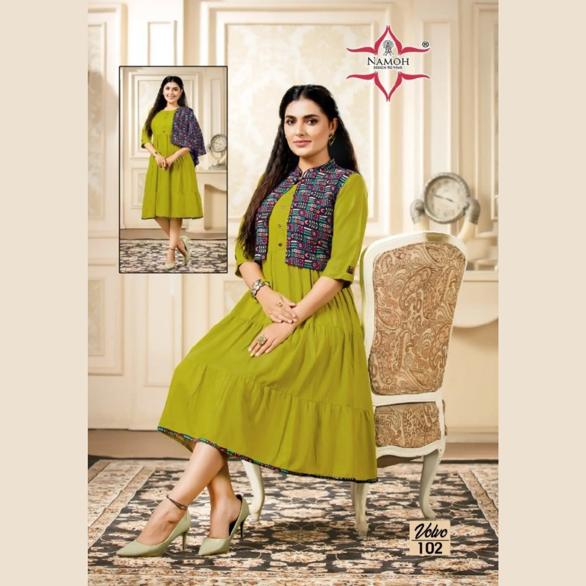 Fancy Rayon U Neck Mustard Green Umbrella Kurti with Dark Brown Printed Jacket. Main image