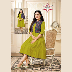 Fancy Rayon U Neck Mustard Green Umbrella Kurti with Dark Brown Printed Jacket.