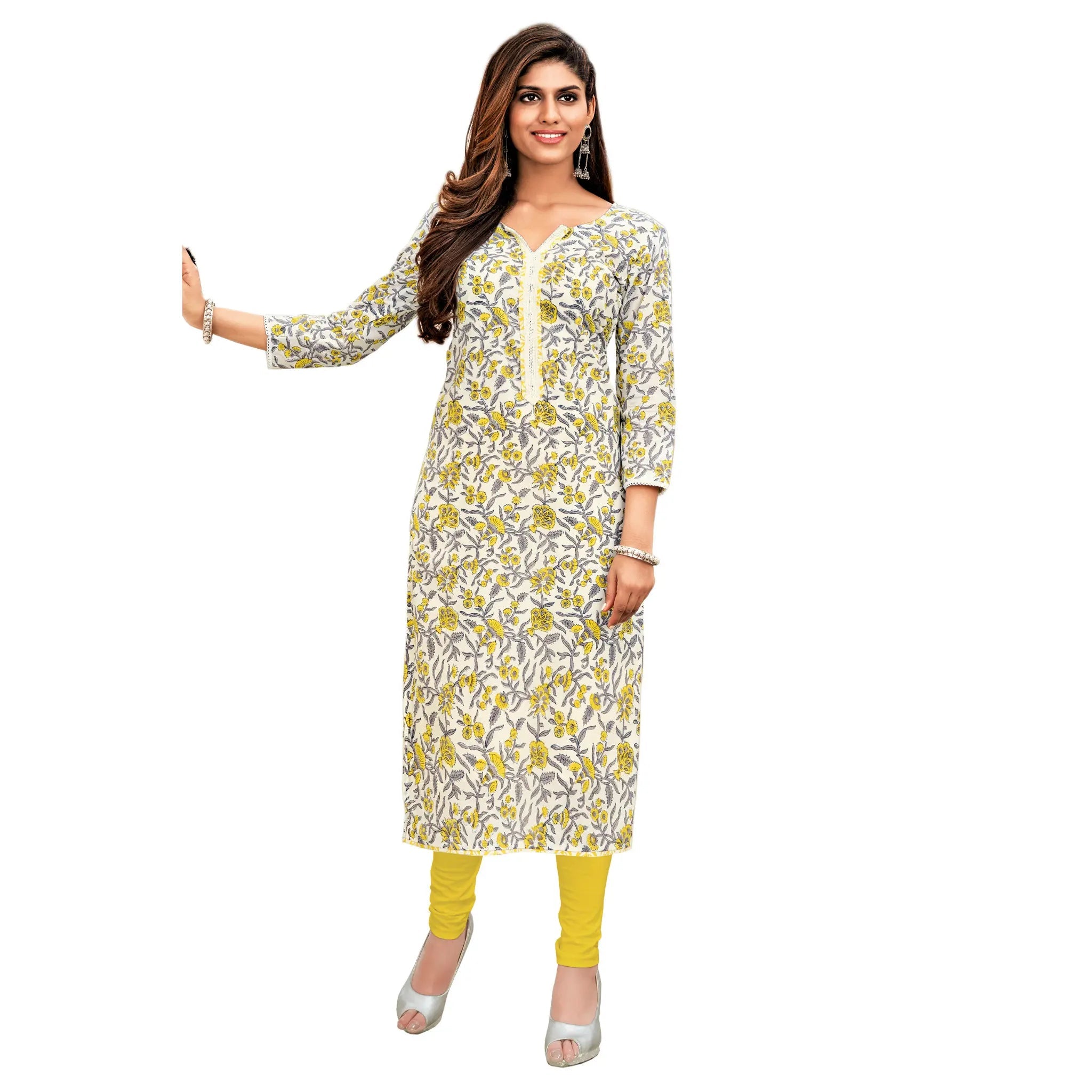 Floral Print V Neck  Cotton Long Kurti