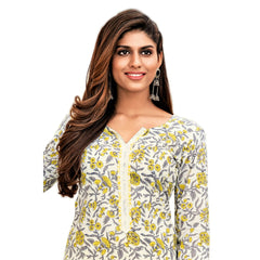 Floral Print V Neck  Cotton Long Kurti