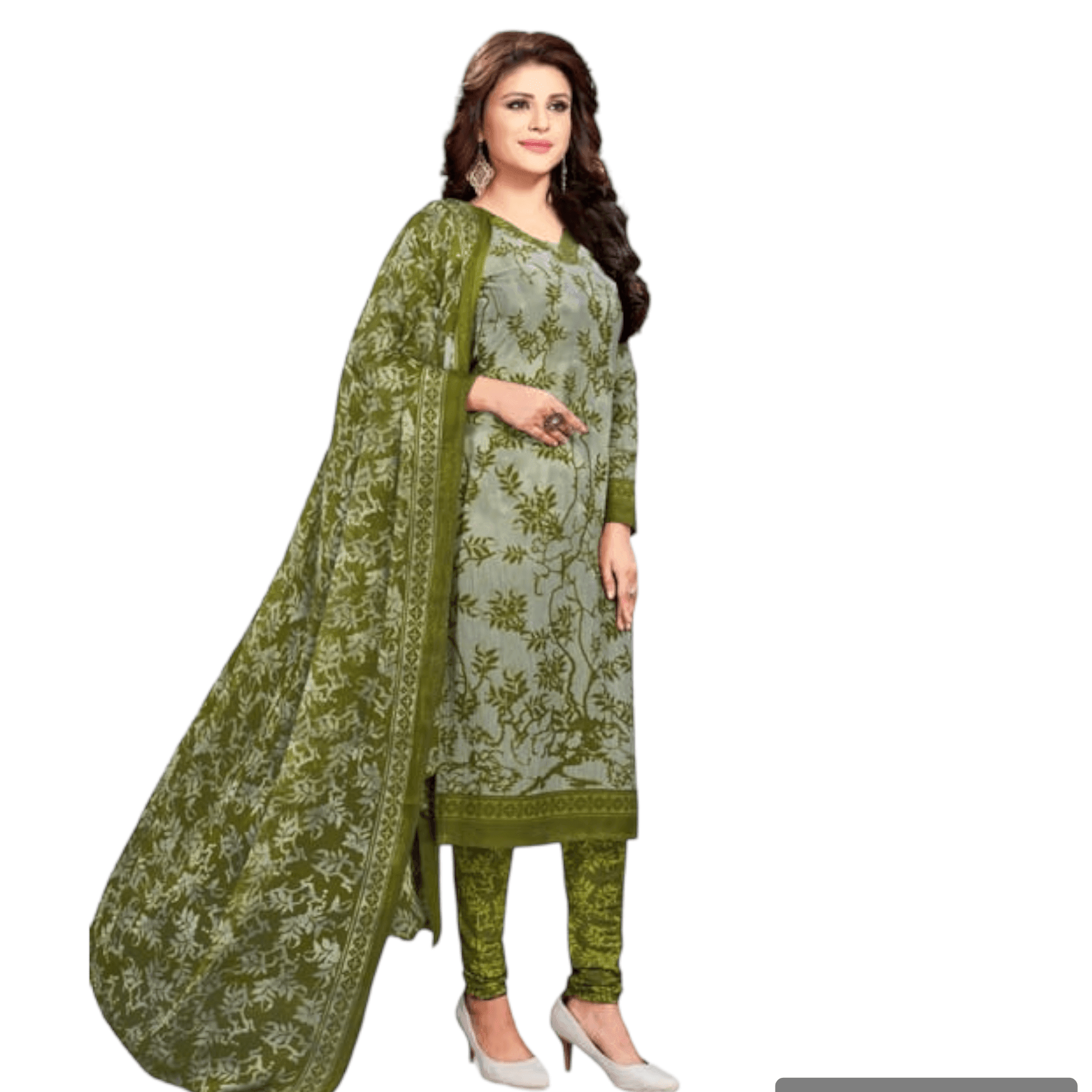 Gery Olive Top and Natural Green Patiala Pant Unstitched Salwar Kameez with Dupatta - Bavis Clothing