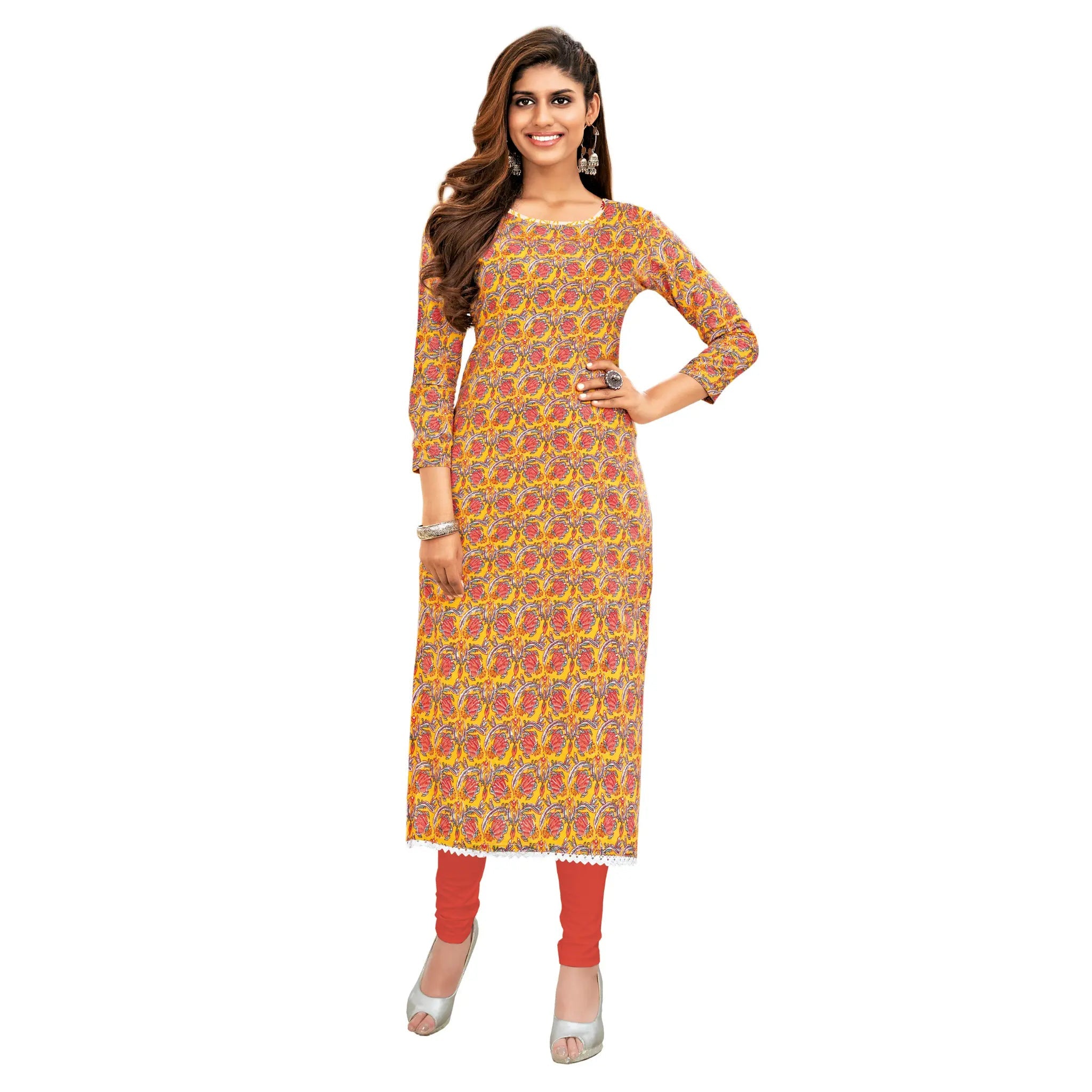 Goldan Floral Print Cotton Long Kurti Main image