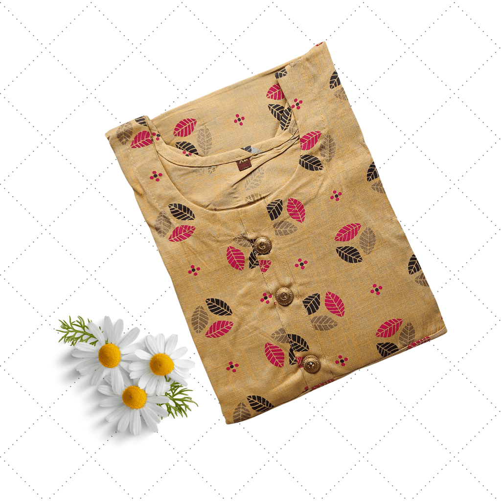 Golden Color U Neck Printed Long Ghera Kurti