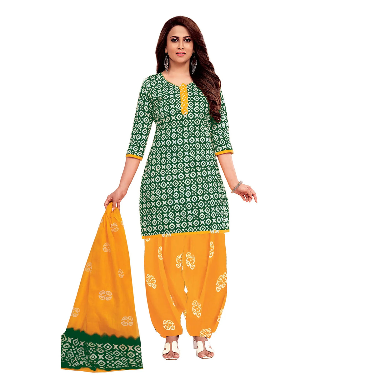 Green Batik Print Kurta with Yellowish Orange Patiyala Pant and Dupatta