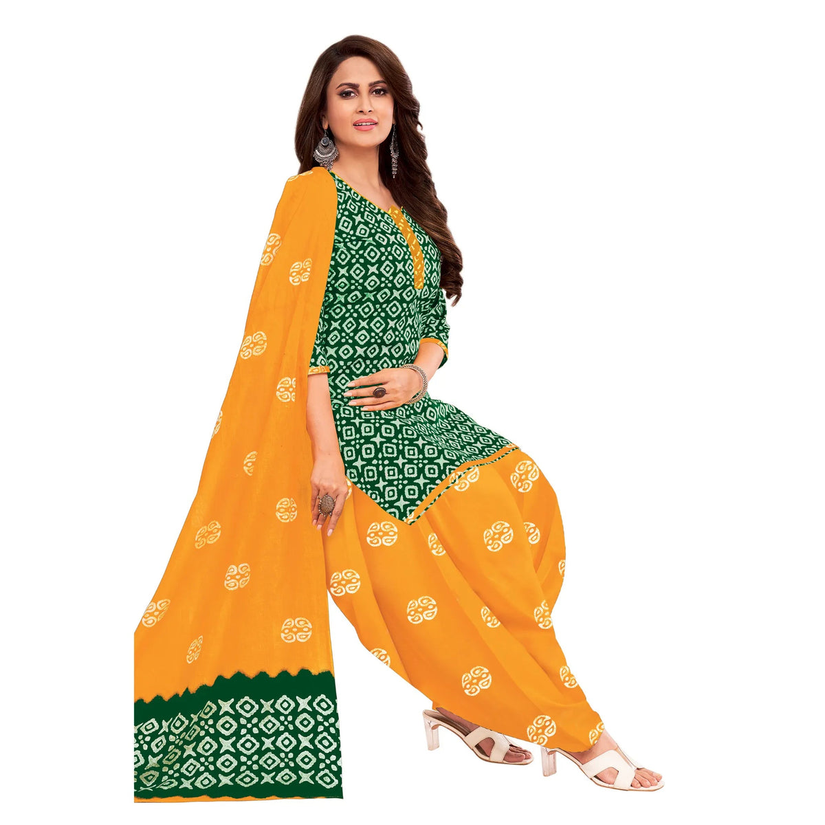 Green Batik Print Kurta with Yellowish Orange Patiyala Pant and Dupatta Main image