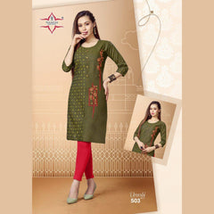 Green Rayon Two Tone Straight Kurti with Embroidery