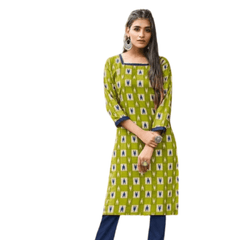 Green U Neck Cotton Printed Straight Cut Kurta