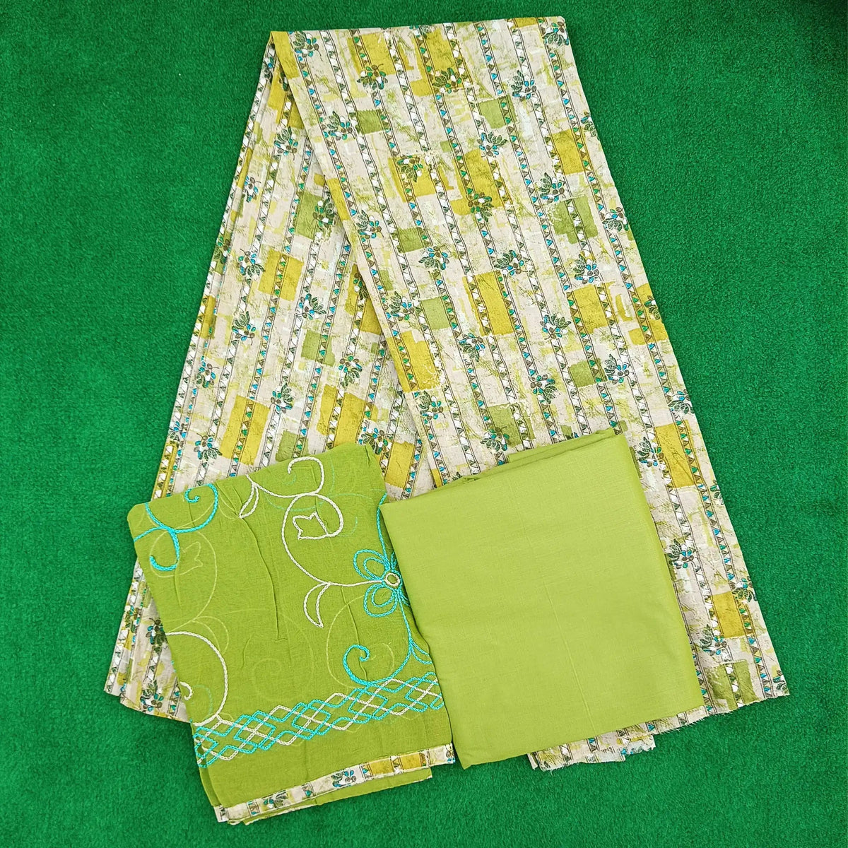 Green White Cambric Cotton Unstitched Salwar Suit with Mal Dupatta