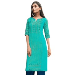 Greenish Blue Cotton Printed Straight Cut Kurta