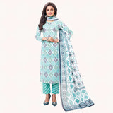 Greenish Cyan Geomentric Print Kurti Pant Dupatta - 3 Pcs Salwar Suit