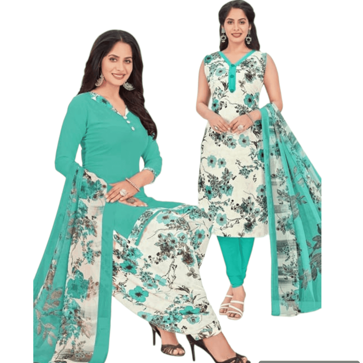 Green cyan churidar top with white Patiala & dupatta – salwar suit for sale at Rs. 389 by Bavis Clothing Main image