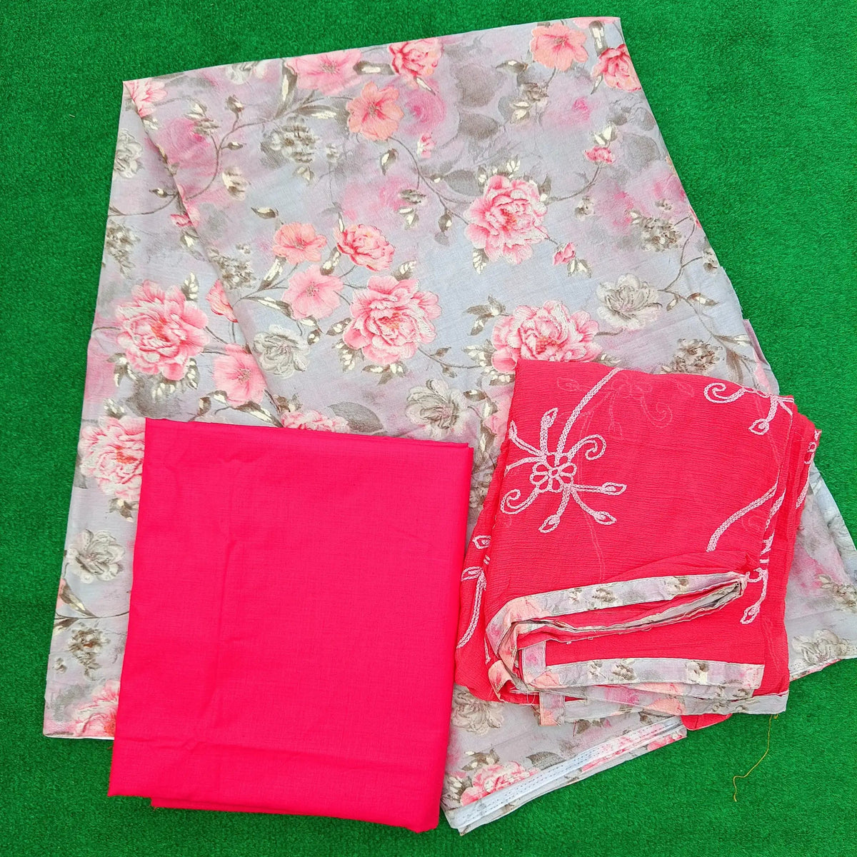 Grey Cambric Cotton Pink Floral Print Salwar Suit and Pant with Nazmeen Dupatta Work Main image