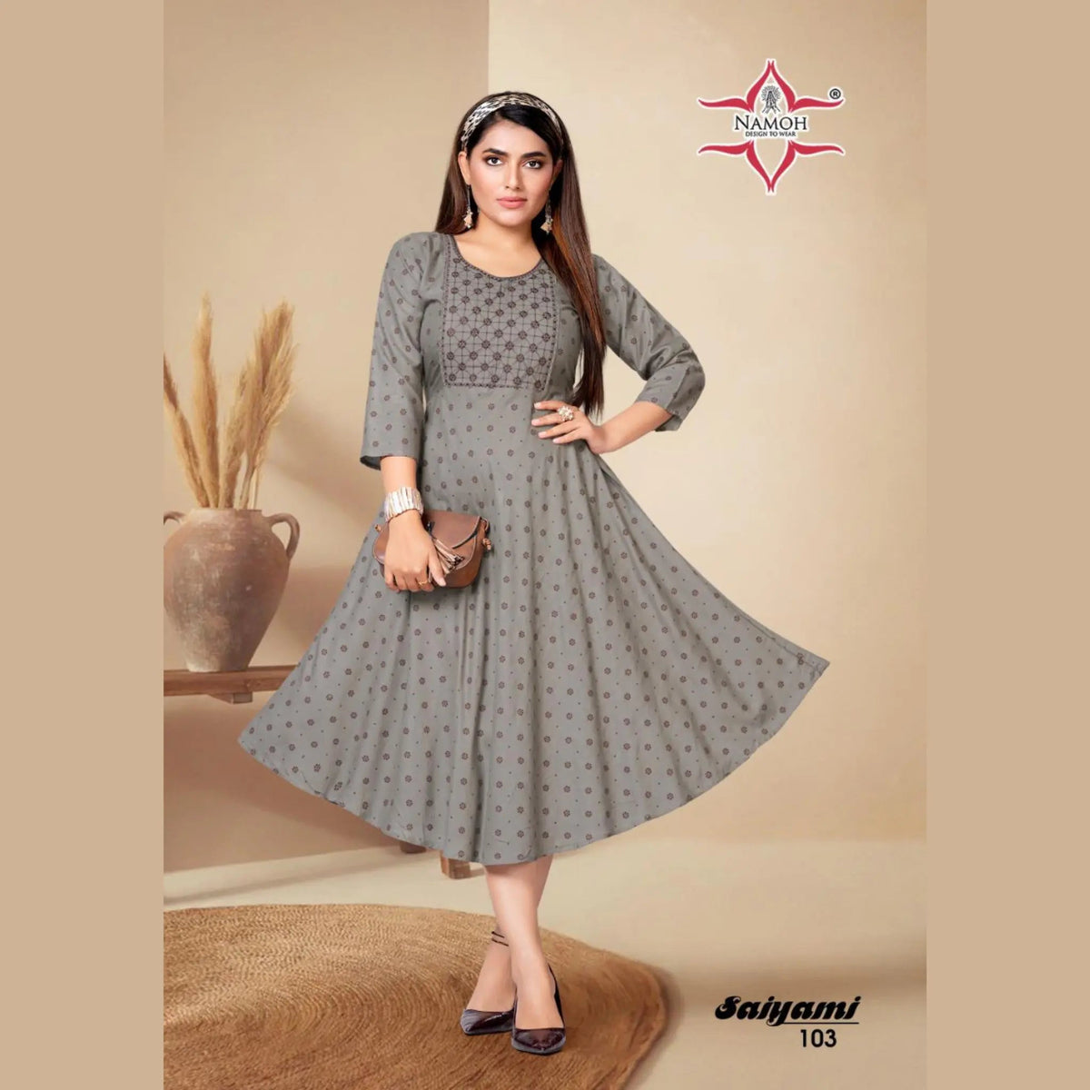 Grey Fancy Rayon Print Kurti with Embroidery Main image