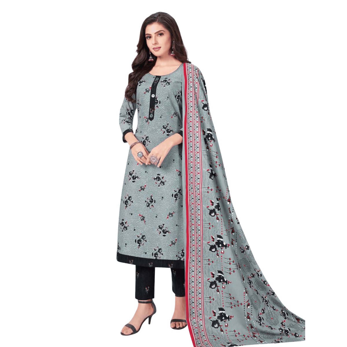 Grey Floral Print U Neck Kurta with Black Straight Pant and Dupatta Main image