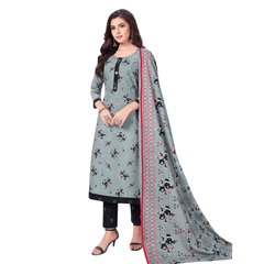 Grey Floral Print U Neck Kurta with Black Straight Pant and Dupatta