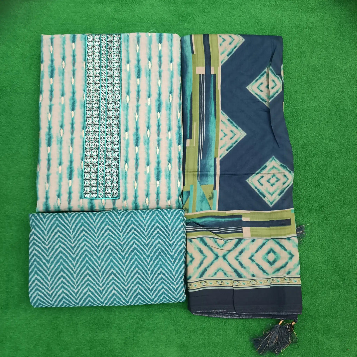 Grey & Teal Blue Silver Tie & Die Pure Modal Silk Print Kurta with Bottom and Dupatta