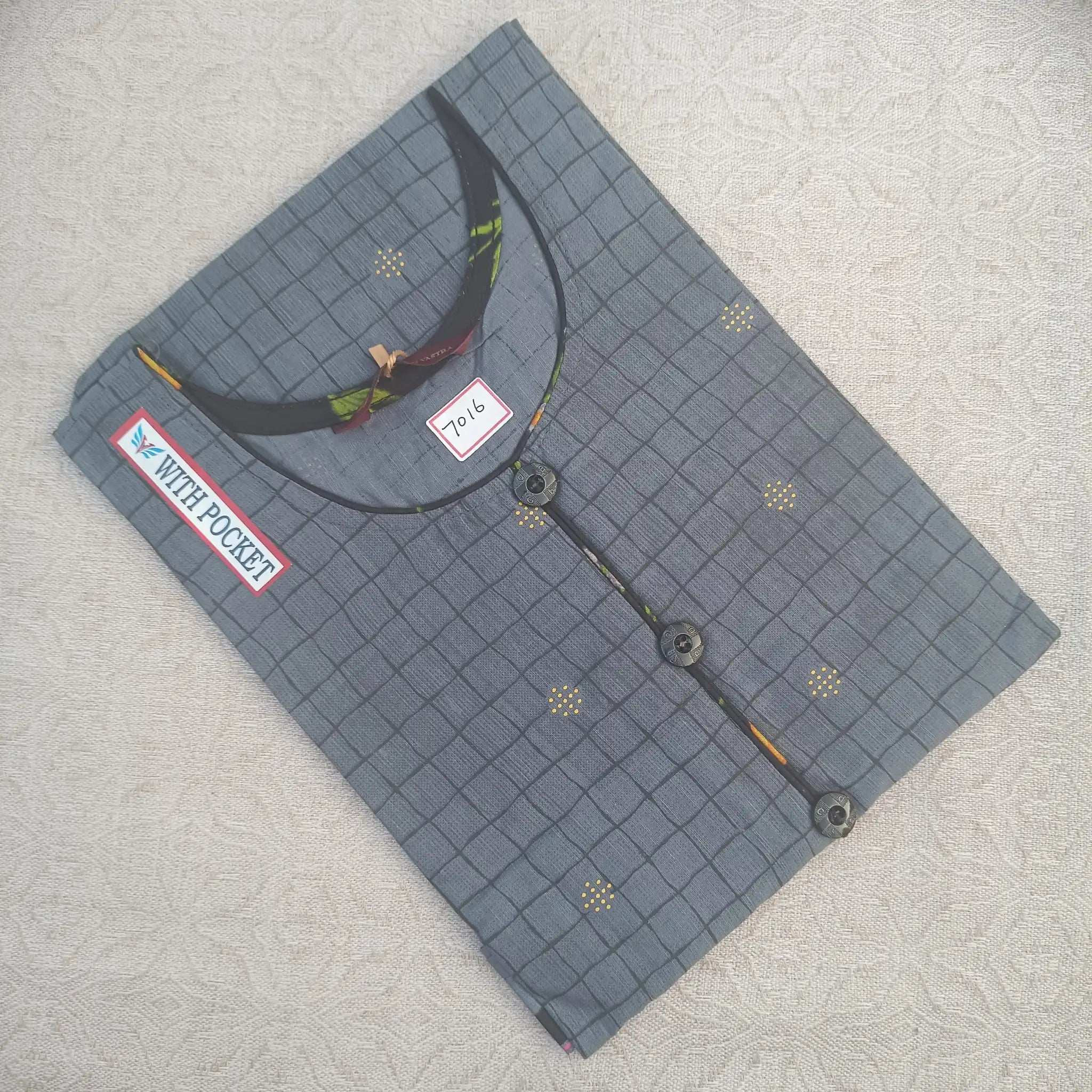 Grey U Neck Fancy Button Cotton Butta Print Straight Cut Kurti Main image