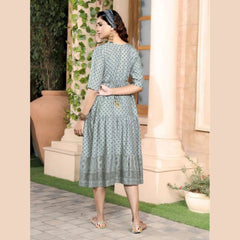 Heavy Rayon Slub Print Kurti in Grey With Exclusively Embroidery