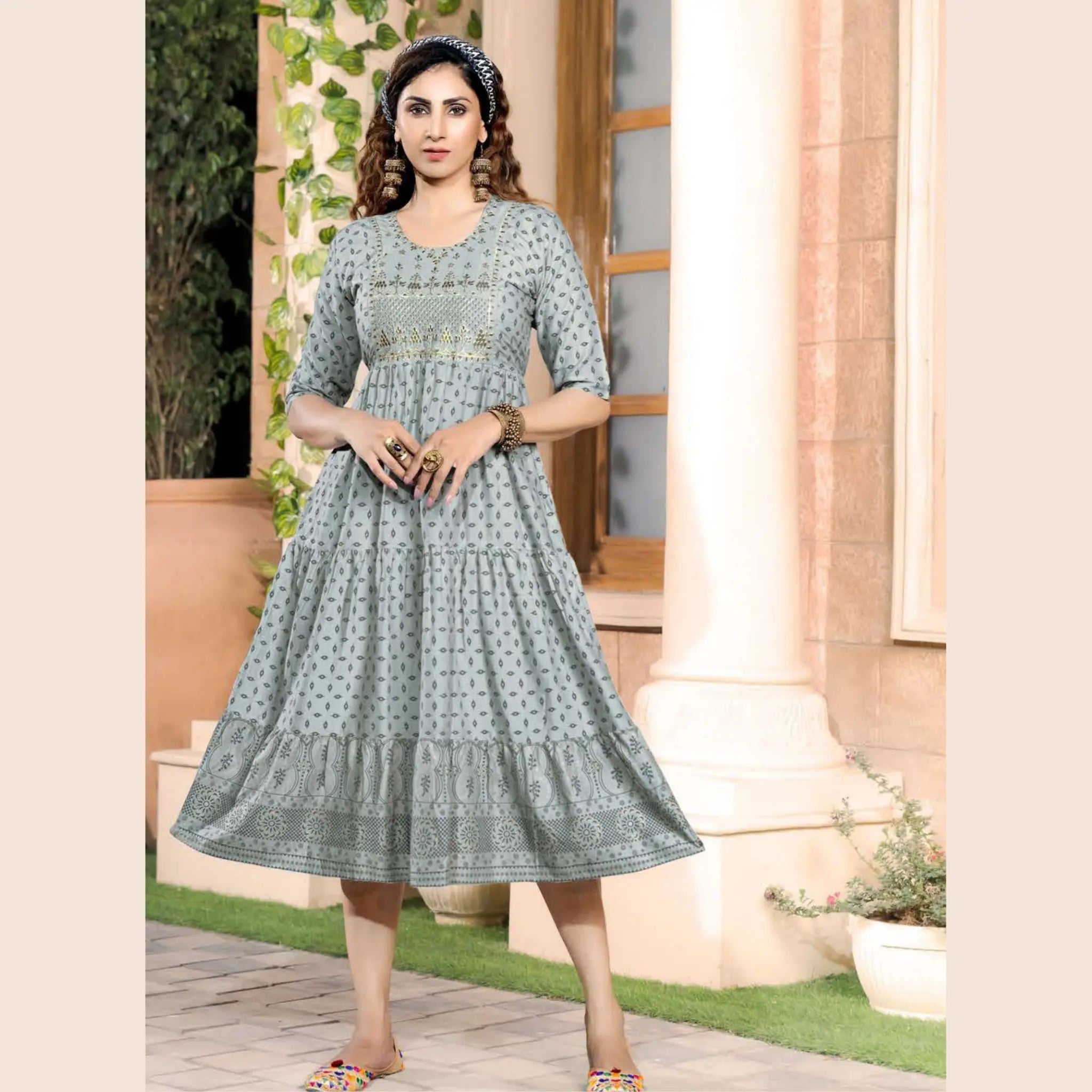 Heavy Rayon Slub Print Kurti in Grey With Exclusively Embroidery Main image