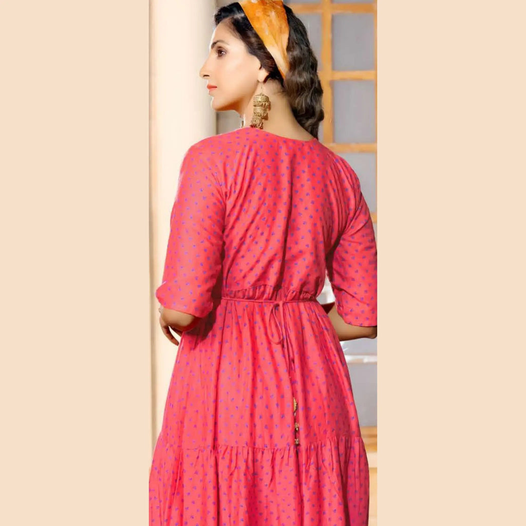 Heavy Rayon Slub Print Red Kurti With Exclusively Embroidery