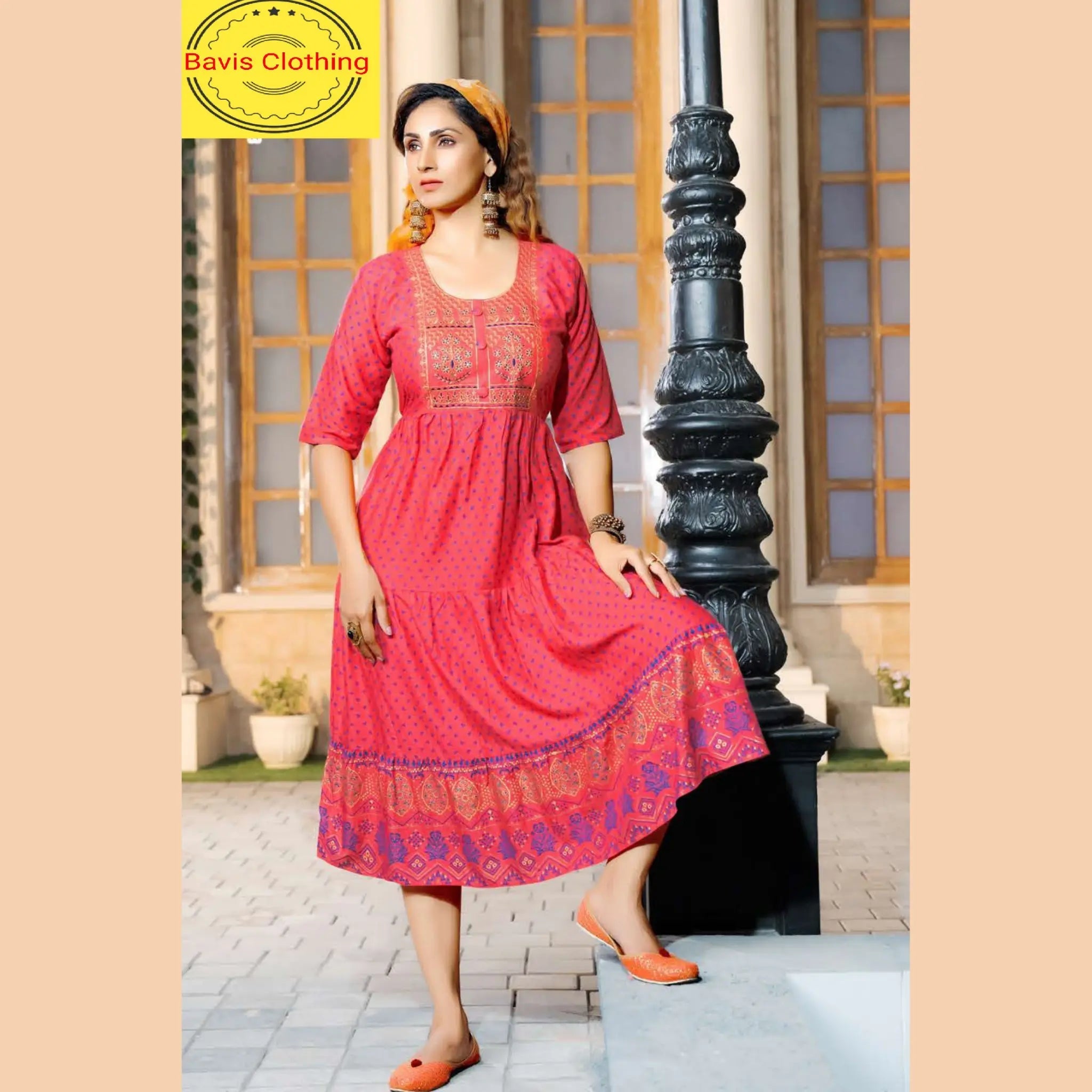 Heavy Rayon Slub Print Red Kurti With Exclusively Embroidery Main image