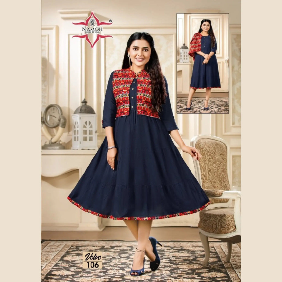 Heavy Rayon U Neck Dark Blue Umbrella Kurti with Red Brown Printed Jacket Main image