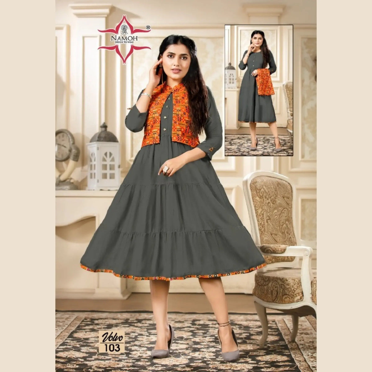 Heavy Rayon U Neck Fuscous Grey Umbrella Kurti with Orange Printed Jacket. Main image