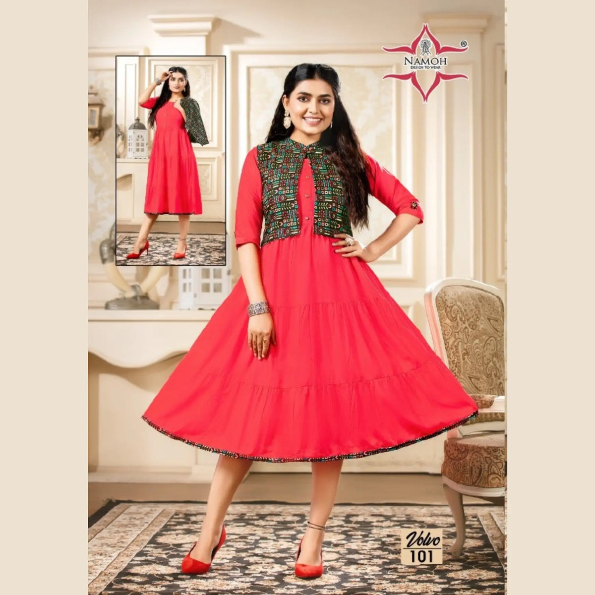 Heavy Rayon U Neck Radical Red Umbrella Kurti with Dark Blue Printed Jacket. Main image