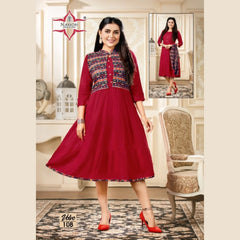 Heavy Rayon U Neck Red Wine Umbrella Kurti with Natural Grey Printed Jacket