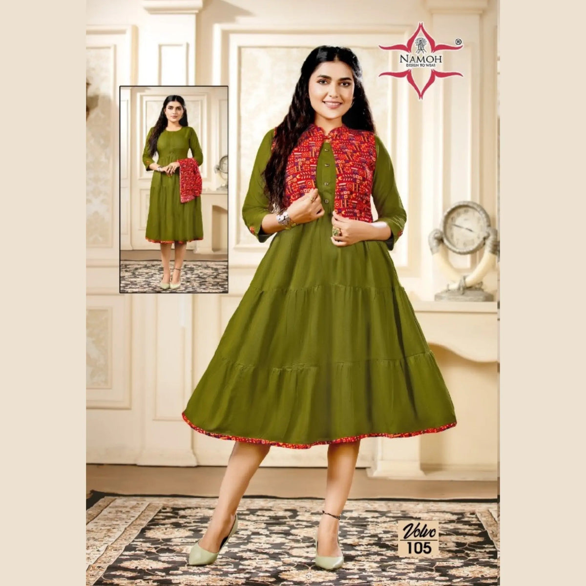 Heavy Rayon U Neck Spicy Mustard Umbrella Kurti with Carmine Pink Printed Jacket Main image