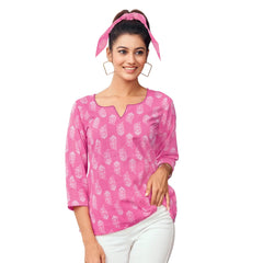 Hot Pink Motif Print Short Tops for Women