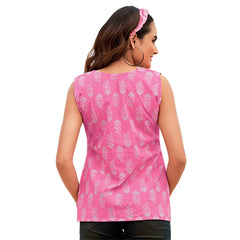 Hot Pink Motif Print Short Tops for Women