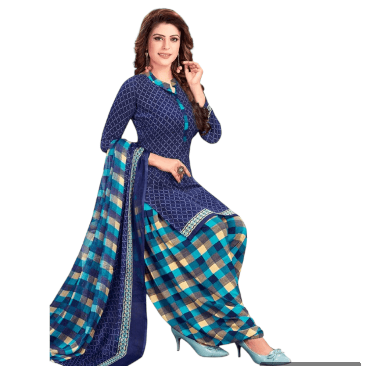 Ink Blue Top and Multicolour Checked Patiala Pant Unstitched Salwar Kameez with Dupatta - Bavis Clothing