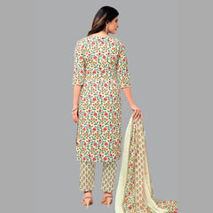 Women's Beige Cotton Kurta Set with Floral Print, Straight Pant, and Coordinating Dupatta - Item 205