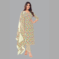 Elegant Beige Floral Print Women's Kurta Set with Matching Pant and Dupatta - Style 205