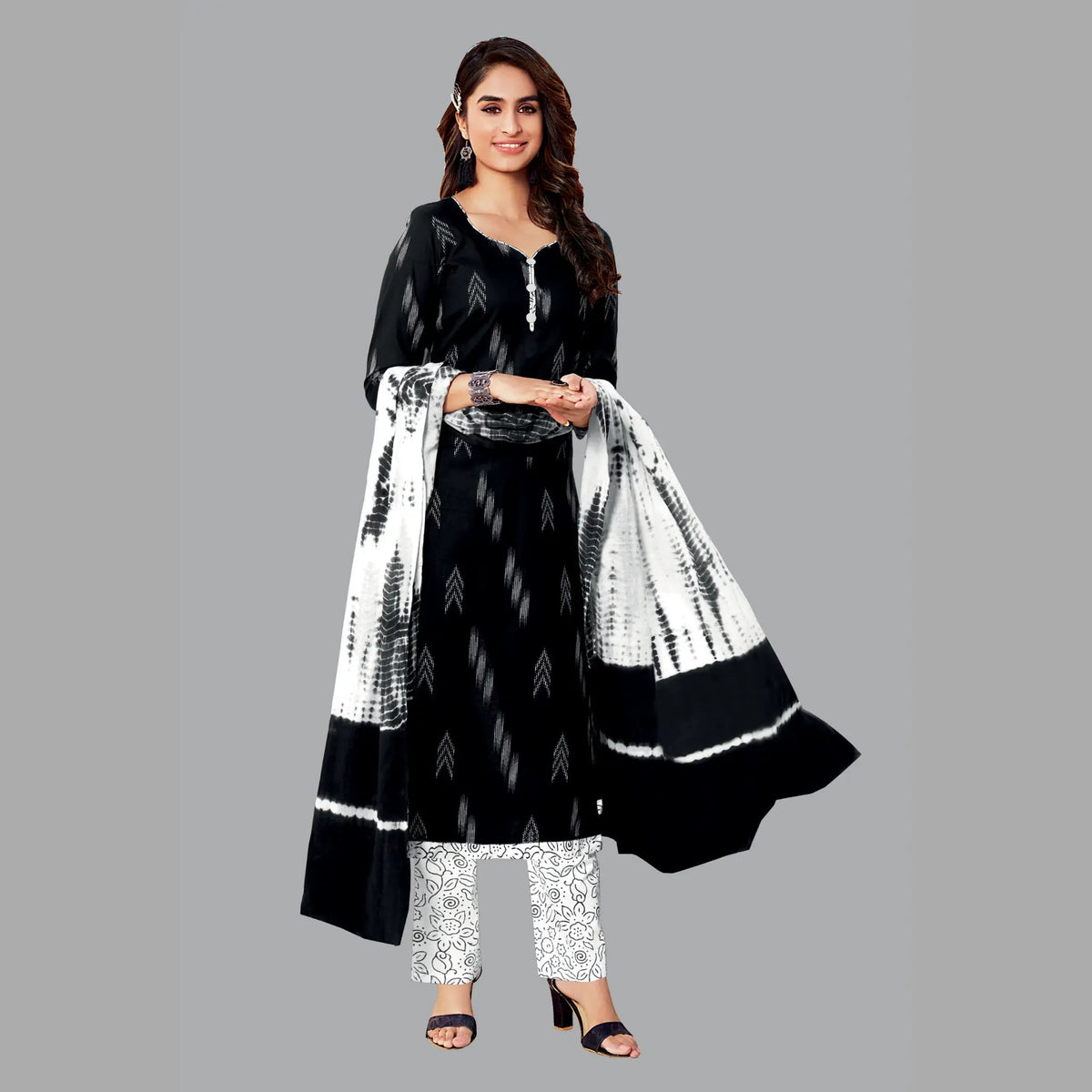 Chic Black V-Neck Kurta with White Straight Pant and Dupatta - Women's Ensemble 194 Main image