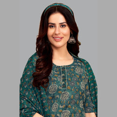 Jaipur Cotton Ensemble: Bluish Green Kurta, Straight Pant, and Coordinating Dupatta - Style 195