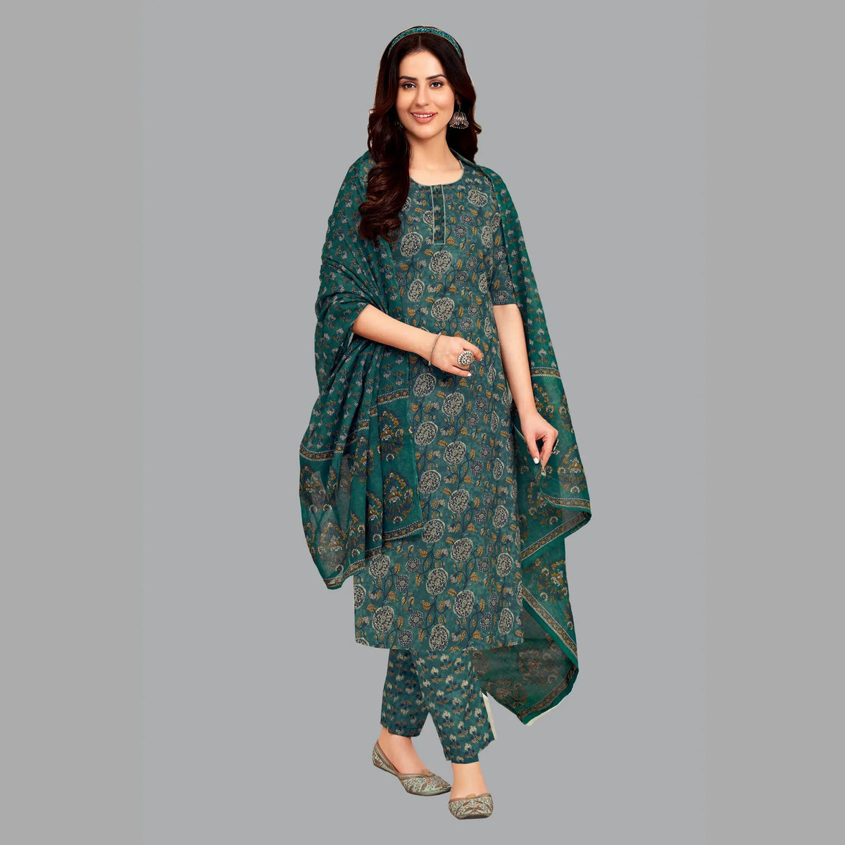 Refreshingly Stylish Bluish Green Women's Kurta Set with Straight Pant and Dupatta - Design 195 Main image