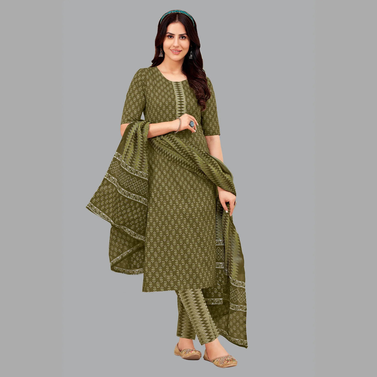 Artistic Jaipur Cotton Butta Print Handblock Kurta with Ikkat Print Pant and Dupatta - Women's Ensemble 197 Main image