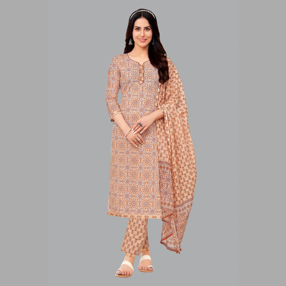 Luxurious Jaipur Cotton Cashmere Kurta with Exquisite Butta Print Pant and Dupatta - Women's Outfit 199 Main image