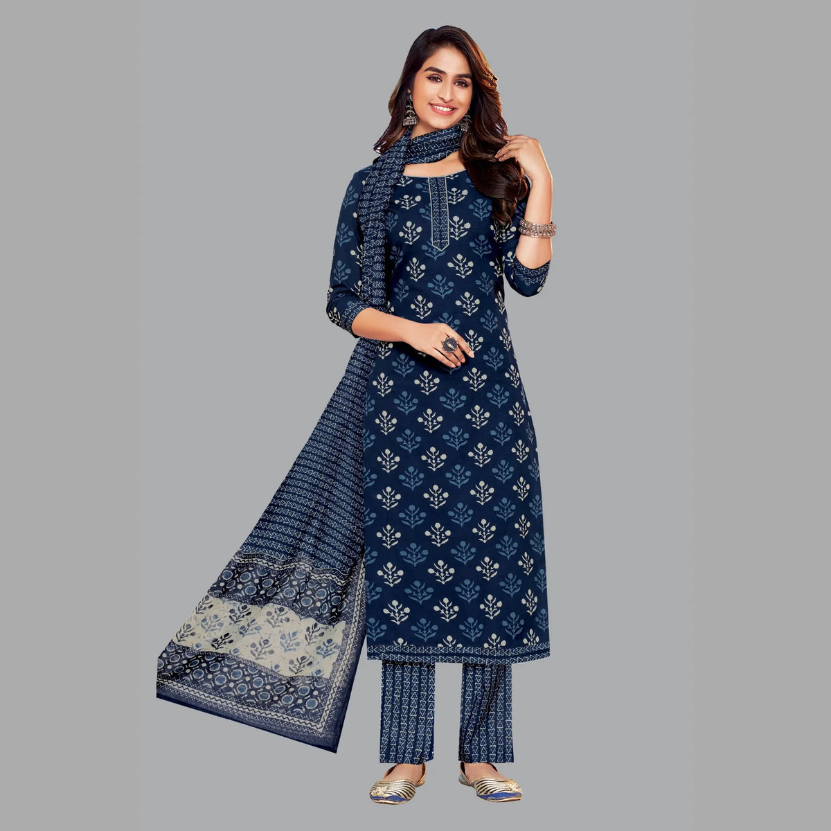 Jaipur Cotton Dark Blue Block Print Kurta Set with Straight Pant and Dupatta - Women's Attire 192 Main image