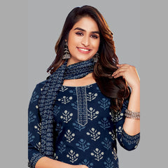 Stylish Women's Outfit: Dark Blue Block Print Kurta, Straight Pant, and Coordinating Dupatta - Style 192