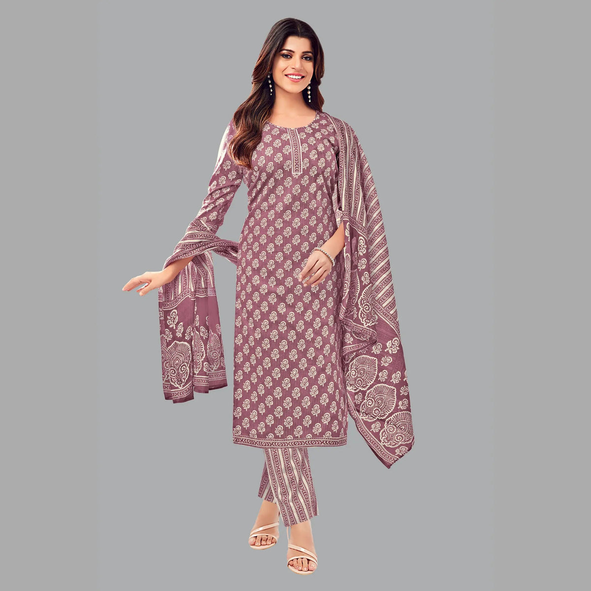 Charming Dark Chestnut Block Print Kurta Set with Straight Pant and Dupatta - Women's Fashion 204 Main image