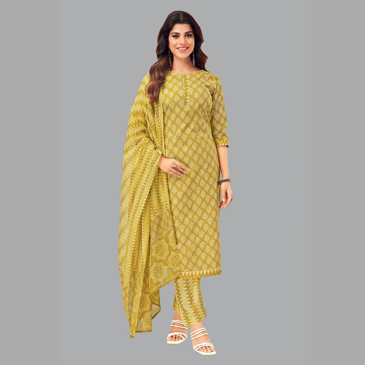 Radiant Golden Yellow Jaipur Cotton Kurta with Straight Pant and Dupatta - Women's Ensemble 196 Main image