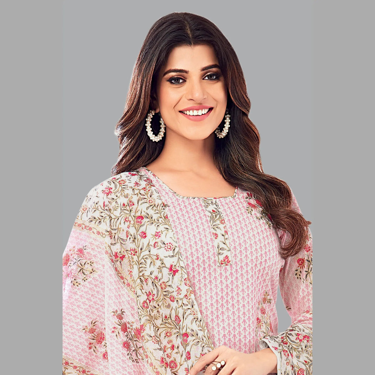 Artistic Women's Ensemble: Green White Butta Print Kurta, Floral Print Pant, and Coordinating Dupatta - Style 203